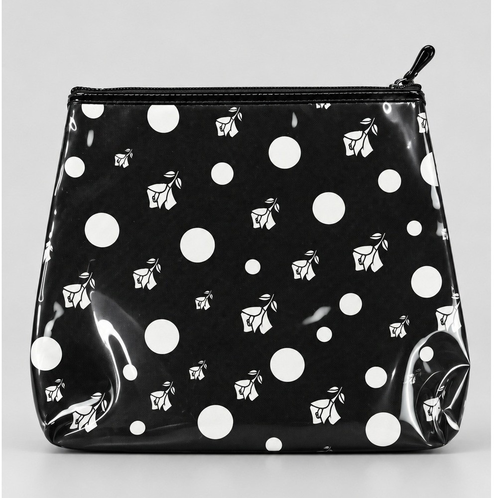 Lancome Black White Polka Dot Rose Floral Vinyl Cosmetic Makeup Bag Pouch 12x9.5
